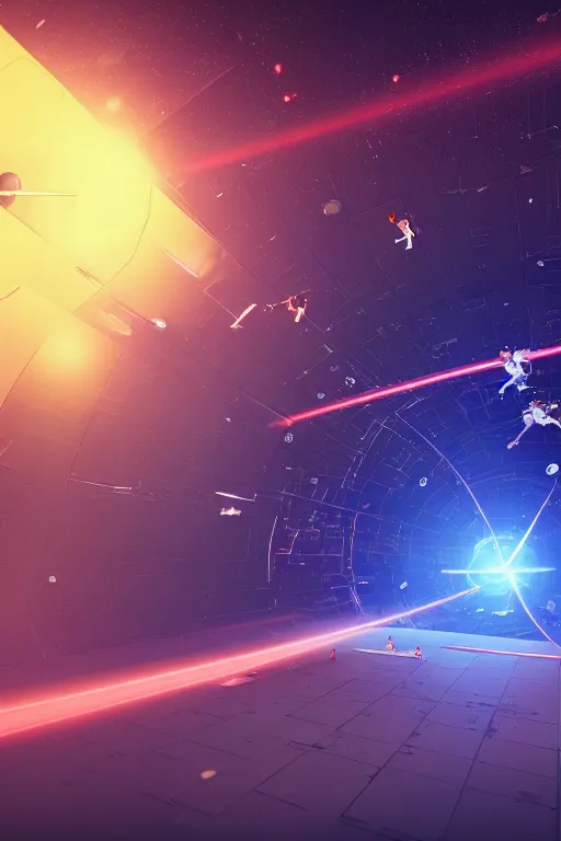 Prompt: wide view of a dozen futuristic spacemen firing lasers, zero gravity, floating, in space, bright, hiding behind obstacles, surrounded by a laser grid, stars visible, unreal engine, lensflares, low perspective, vector, polygons