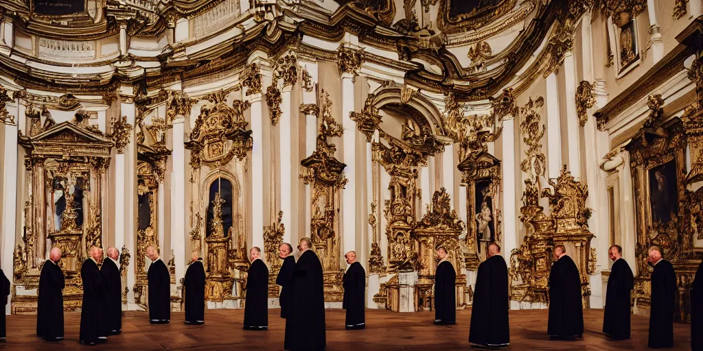 Image similar to photography of circle group of priests invoking ritual in a baroque intricate church