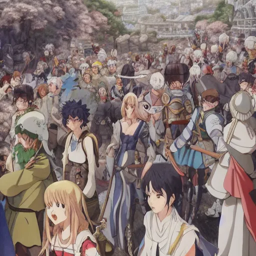 Prompt: A crowd of medieval fantasy characters, movie, digital art, 8k, character, realistic, portrait, photorealism, japan watercolour, masterpiece art, manga and anime, official Kyoto Animation and Studio Ghibli anime screenshot, by Range Murata and Makoto Shinkai