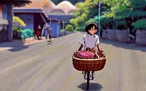 Image similar to a girl riding a bike with a basket in a small town, 1970s philippines, art by hayao miyazaki, studio ghibli film, hi res, 4k, detailed!!!!!!! face!!!!!!!