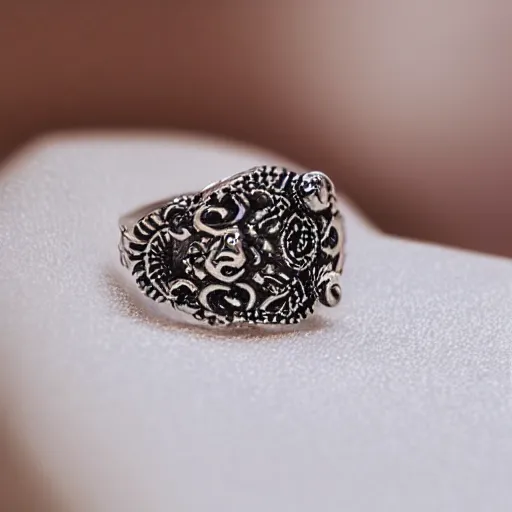 Prompt: a closeup hd photography of an intricate handcrafted finger ring