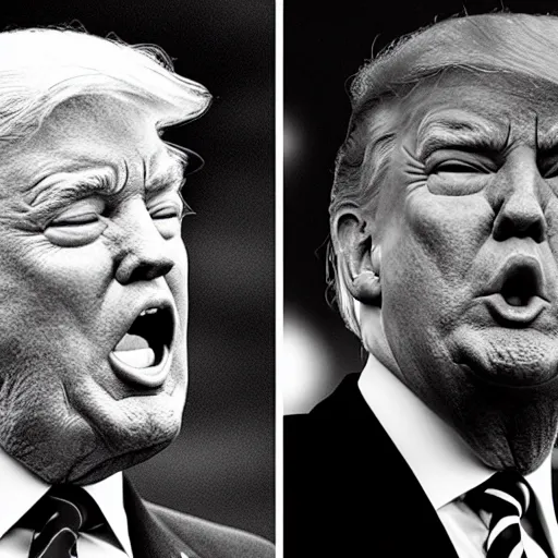 Prompt: Trump yelling at Biden, b&w photograph,