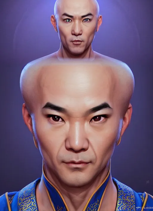 Image similar to bald male martial artist with a high ponytail!!!! asian facial features and blue eyes!! intricate ornate blue robes!! character concept art, sharp focus, octane render! unreal engine 5! highly rendered!! trending on artstation!! detailed linework!! illustration by artgerm, wlop, and chie yoshii