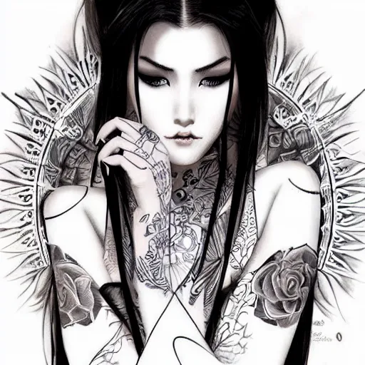 Image similar to tattoo design, stencil, beautiful young female, long dark hair, symmetrical facial features, Japanese, partially clothed in robe, by William-Adolphe Bouguerea and artgerm