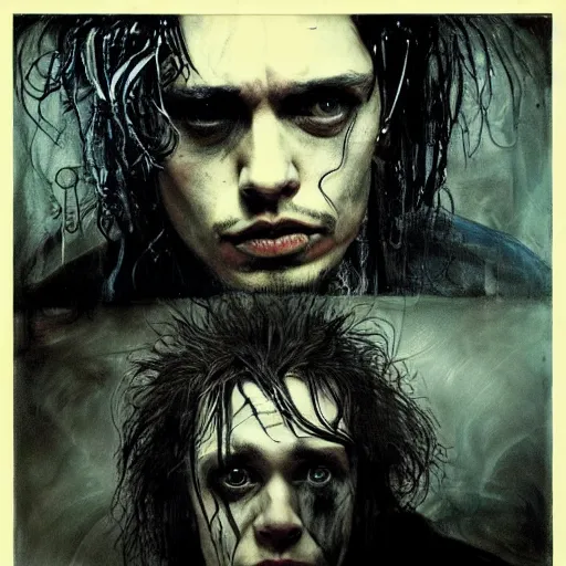 Image similar to stunning portrait of gaunt james franco a ( the cure fan ) as dream from sandman, dim stars as eyes, by jeremy mann, by cedric peyravernay, by by russ mills, by richard avedon and ben templesmith, dramatic lightning, sadness, dark eye sockets, in the shadows, punk rock, gothic, high detailed, 8 k