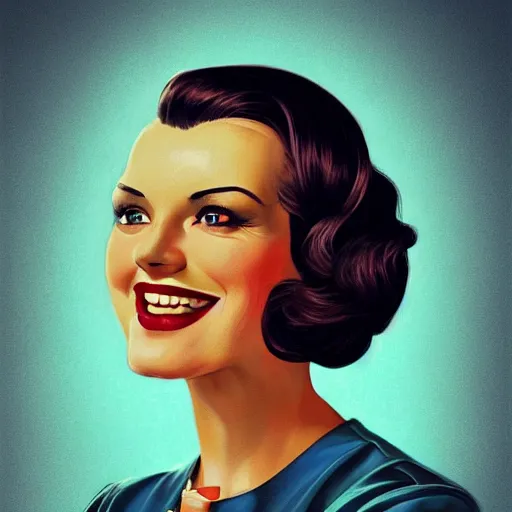 Image similar to smiling, happy, beautiful, intelligent, powerful ww 2 housewife, 2 9 years old, loving eyes, fully clothed, wise, beautiful, dramatic lighting, sharp focus, by stanley artgerm, dramatic lighting, trending on artstation, flat colour, geometric curves, gradient filter, art deco patterns