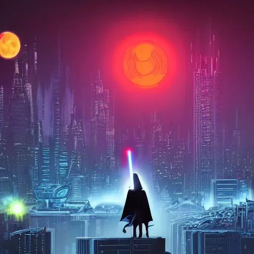 Prompt: darth vader in a neon city, dark, lightsaber, dark cityscape, rooftop, windy, moon, space ships.