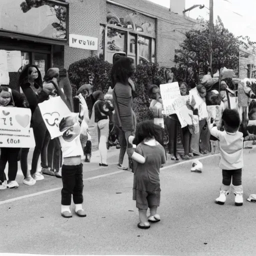 Image similar to babies protesting in front of a daycare center