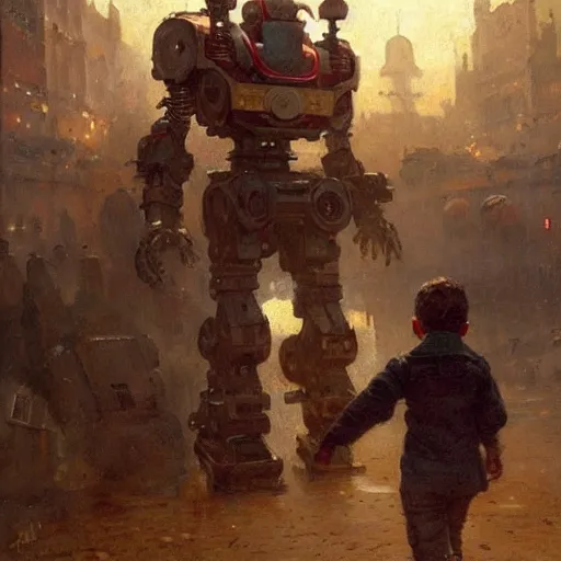 Prompt: a little boy holding hands with an enormous robot. detailed. by gaston bussiere. krzysztof maziarz. greg rutkowski