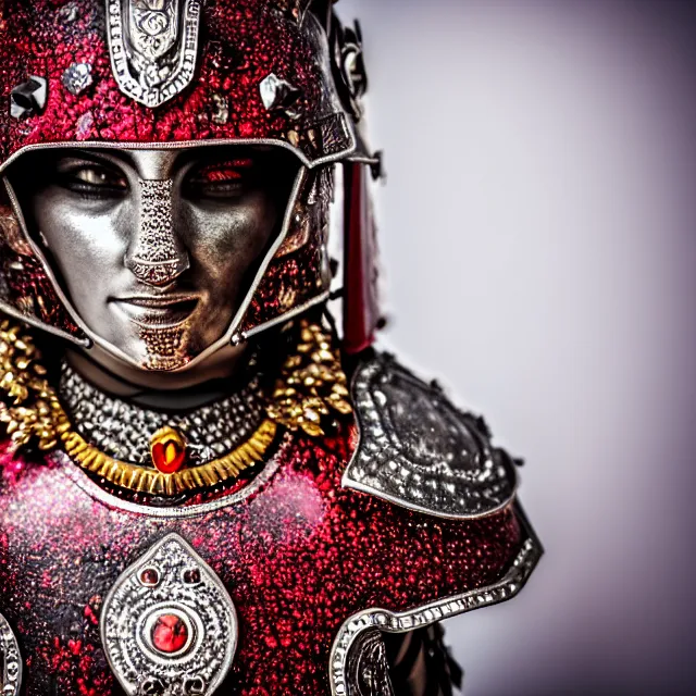 Image similar to photo of a beautiful! warrior with ruby encrusted armour, highly detailed, 8 k, hdr smooth, sharp focus, high resolution, award - winning photo, dslr, 5 0 mm