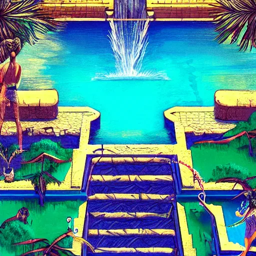 Image similar to a pool and ancient egyptian structure, epic retrowave art, trending on art station