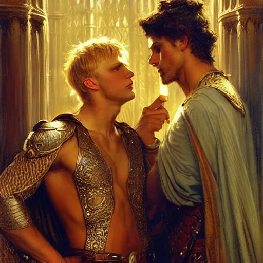 Image similar to stunning arthur pendragon in love with stunning male merlin the mage. they are close to each other. highly detailed painting by gaston bussiere, craig mullins, j. c. leyendecker