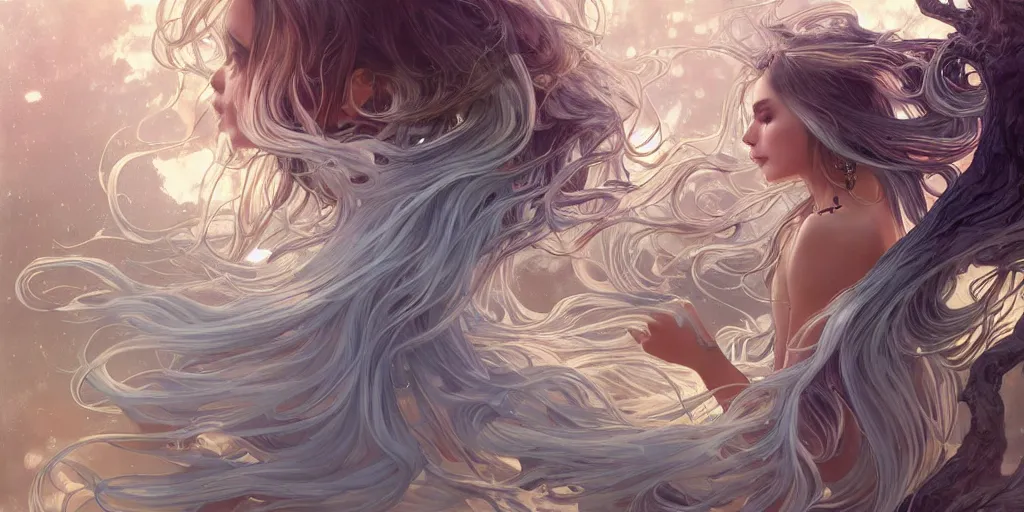 Image similar to wide angle panther, metallic silver and ice color reflected crystal hair, leaping from babaob tree, fantasy, intricate, very beautiful, elegant, golden light, highly detailed, digital painting, artstation, concept art, smooth, sharp focus, illustration, art by wlop and tian zi and alphonse mucha