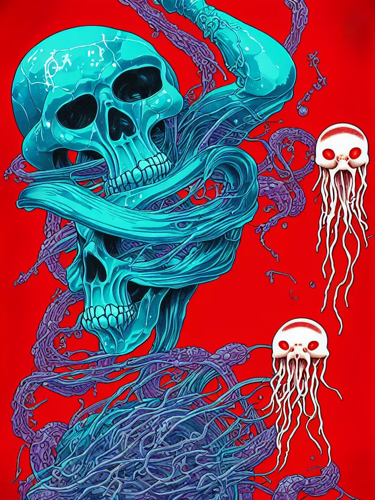 Image similar to a glowing red skull in the sea caught by a jellyfish by josan gonzalez and dan mumford and albrecht anker and miho hirano and ross tran and chiho aoshima, highly detailed, high contrast, pop art, comic shading