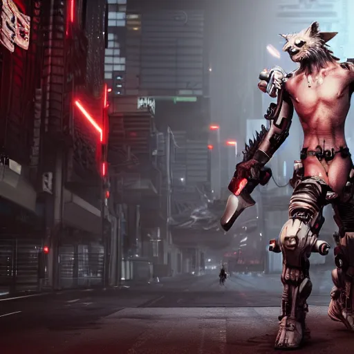 Image similar to cyberpunk wolfman holding a katana and jumping into action, tactical armor, action scene screenshot, scifi futuristic character concept, high quality gloss art, unreal engine