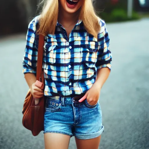 Prompt: cute modern style cartoon girl wearing plaid shirt and jean shorts, she is grinning