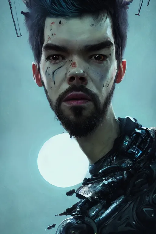 Prompt: A tall portrait of jacksepticeye as a cyborg by Greg Rutkowski, Sung Choi, Mitchell Mohrhauser, Maciej Kuciara, Johnson Ting, Maxim Verehin, Peter Konig, Bloodborne, 8k photorealistic, cinematic lighting, HD, high details, dramatic, dark atmosphere, trending on artstation