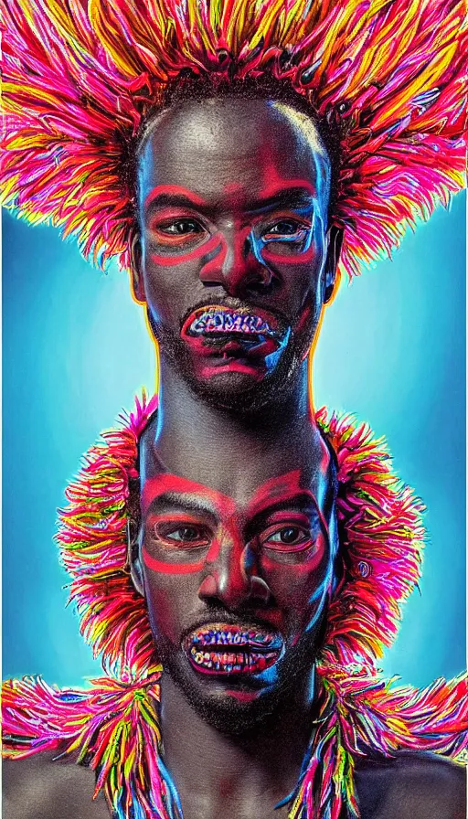 Prompt: detailed full body illustration of an African male with face augmentations, strong neon lighting, Afrofuturism, extravagant feathered collar, by glenn fabry, hyper realistic, HD, oil on canvas