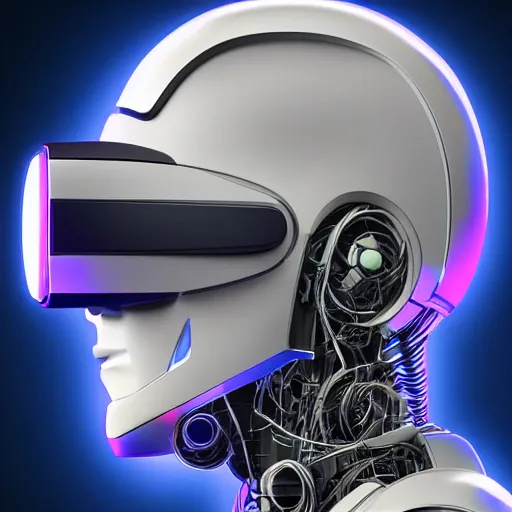 Prompt: cyber robot wearing vr headset, 3 d illutration, profile face portrait, night, detailed, cyberpunk style, character, detailed,