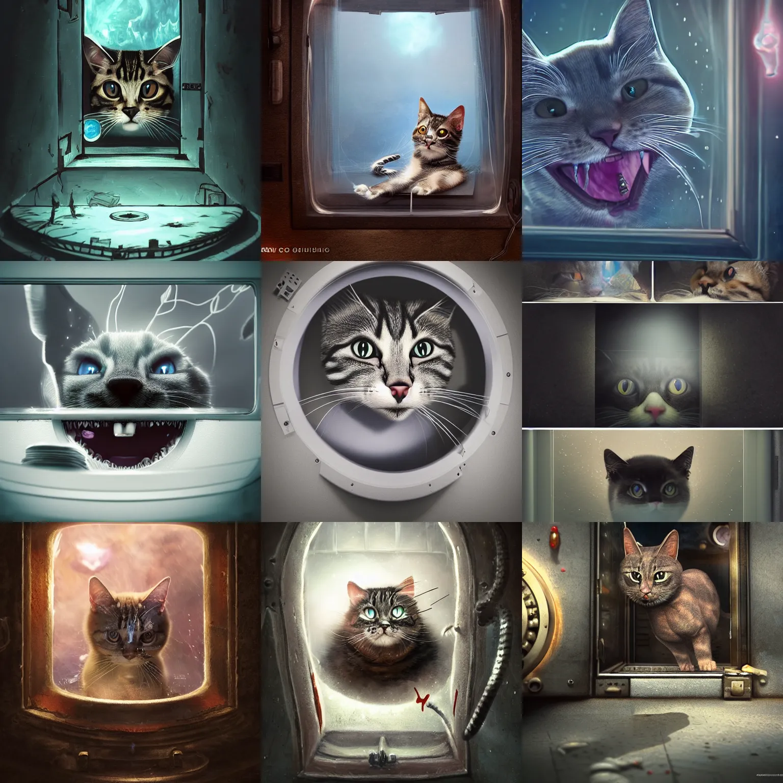 Prompt: schrodinger's cat, dead and alive, plans its revenge, angry, inside its box, looking at us from a porthole, waporware, raytracing, dreamy, cinematic lighting, highly detailed, artstation, divine, by gauthier leblanc, kazuya takahashi, huifeng huang