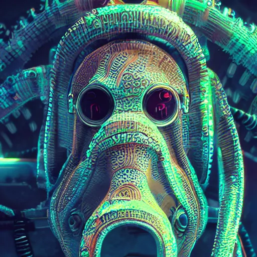 Prompt: portrait of a squid monster. intricate abstract. cyberpunk, intricate artwork. neon eyes, by Tooth Wu, wlop, beeple. octane render, trending on artstation, greg rutkowski very coherent symmetrical artwork. cinematic, hyper realism, high detail, octane render, 8k