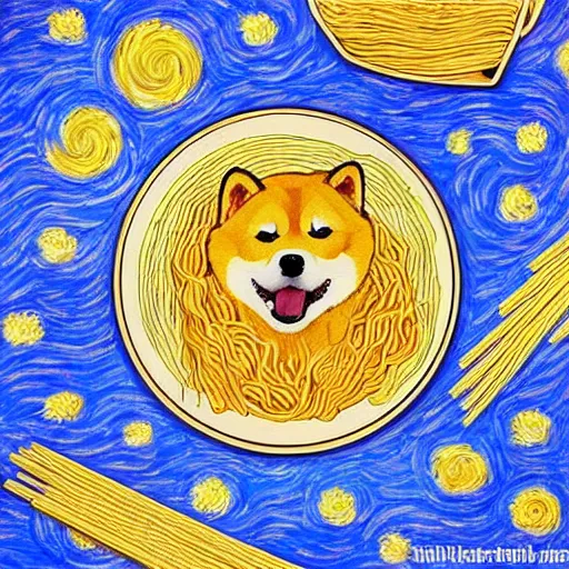 Prompt: shiba inu eating noodles in style of van gogh's starry night