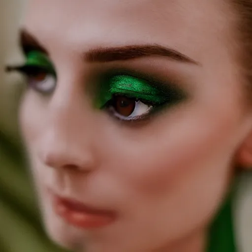 Image similar to fashion photography beautiful green eyes, close up shot, haute couture dresses by balenciaga, canon ef 1 0 5 mm f / 2. 8 the grand budapest hotel