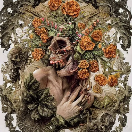 Image similar to a beautiful detailed front view rococo portrait of a rotten woman corpse becoming almost a skull with face muscles, veins, arteries, fractal plants and fractal flowers and mushrooms growing around, intricate, ornate, volumetric light, beautiful lit, beetlejuice