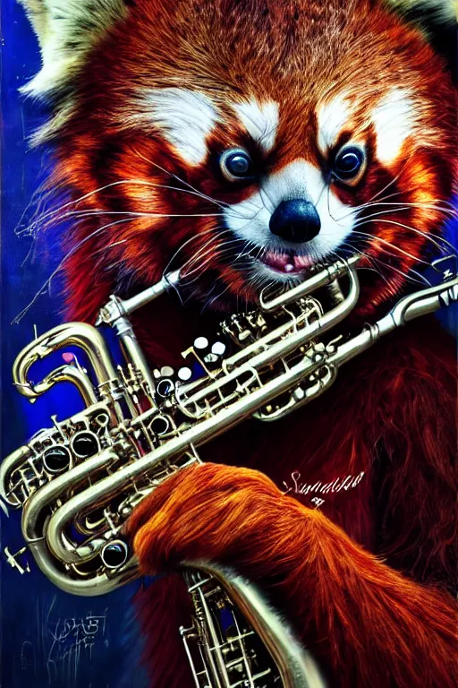 Image similar to a portrait of an anthropomorphic cyberpunk single red panda playing a saxophone by sandra chevrier, by jon foster, detailed render, tape deck, epic composition, cybernetics, 4 k realistic, cryengine, realistic shaded lighting, sharp focus, masterpiece, by enki bilal