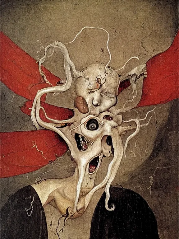 Image similar to painting by hieronymus bosch of a flying sorrowful looking human head with tears running down it's eyes, face that is chalk white in color, with long sprawling white tentacles stemming down it's neck, fiery scorching red eyes, flying in a terrying hellish dark cavernous place