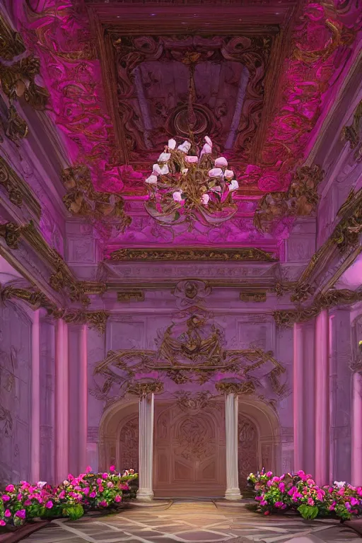 Image similar to Baroque style building full of roses, soft pastel neon lighting, highly detailed, photo realistic, volumetric lighting, cinematic