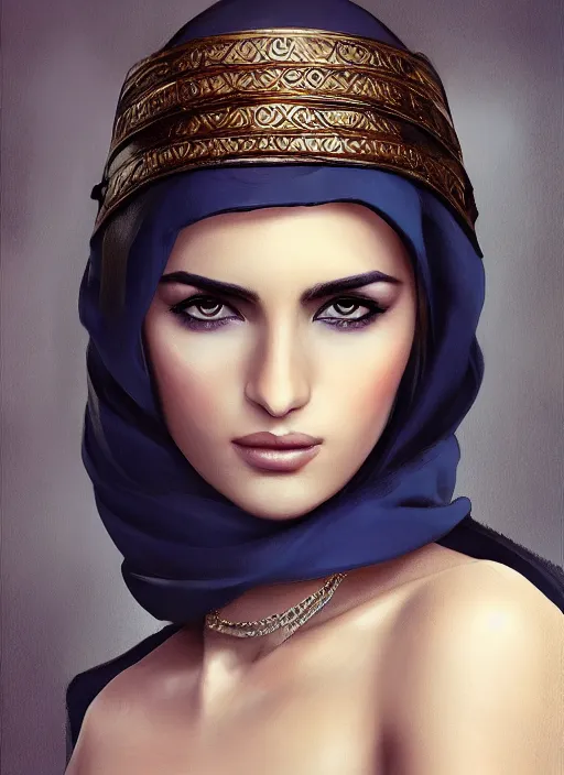 Image similar to Beautiful Arab Ameera Al taweel, blue eyes, leather, portrait, fantasy, medieval, oil colors, elegant, concept art, sharp focus, beautiful face, digital art, Hyper-realistic, 4K, Unreal Engine, Highly Detailed, HD, Dramatic Lighting by Brom, trending on Artstation