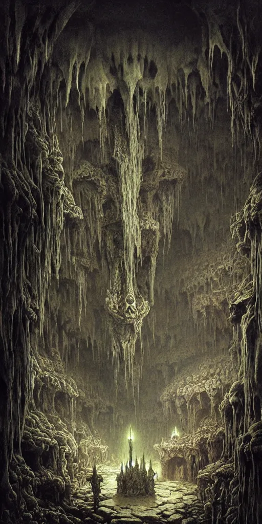 Image similar to a dungeons and dragons party inside an enormous cavern of skulls, by zdzislaw beksinski, by gustave dore, by peter mohrbacher, horror, dystopian architecture, biomorphic, lovecraftian, amazing details, vivid colors, detailed, epic, waterfall