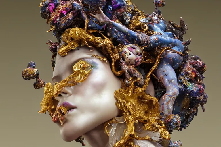 Image similar to Cinestill of A heartbreaking realistic 8k Bernini Sculpture of a stunning intricate cracked multicolored milky cosmic marble Evangelion Fallen Angel Devil Queen adorned in sentient mycelium mystical jewelry and ancient Empress crown and misty xparticles. by Yoshitaka Amano, Daytoner, Greg Tocchini, Scattered golden flakes, Hyperrealism. Subsurface scattering. Octane Render. Weirdcore, perfect face