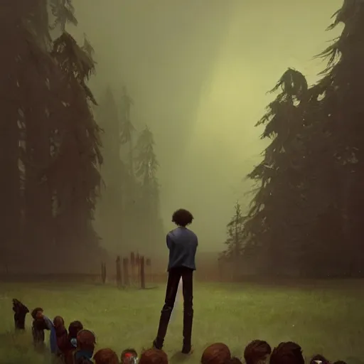 Image similar to giant 2 1 savage standing over tiny humans by simon stalenhag, atmospheric haze, children below look up, misty evening, sci fi digital painting, unreal engine 5, photorealism, hd quality, 8 k resolution, cinema 4 d, 3 d, cinematic, professional photography, art by artgerm and greg rutkowski and alphonse mucha and loish and wlop