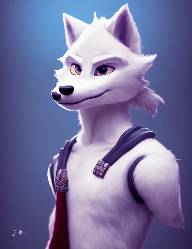 Image similar to portrait of cute male anthropomorphic white wolf in the style of zootopia in cyberpunk city, volumetric light, artstation, concept art, 8 k, high detail, perfect