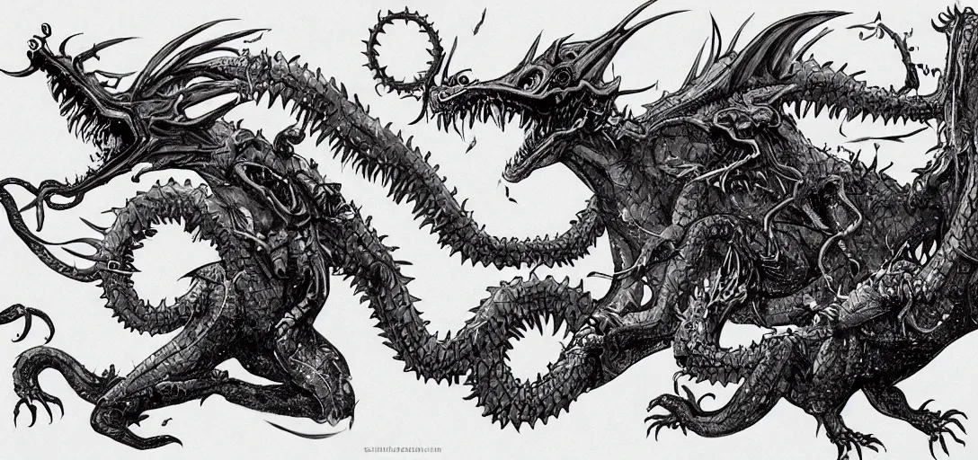 Image similar to concept art of dragon attack, lovecraftian, lots of teeth, melting horror, feathers, fighting the horrors of the unknown with laser guns