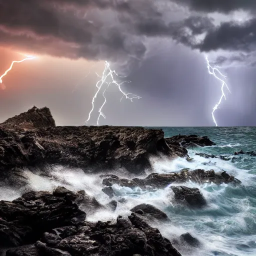 Prompt: jagged rocky shoreline under a stormy sky with lightning, raging sea, volumetric lightning, highly detailed, 8k, featured on artstation