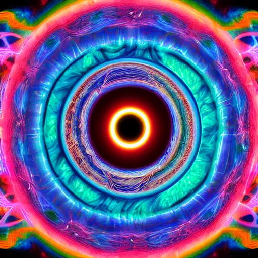 Prompt: painting of an eye surrounded by dmt visuals with angels in the background 4 k quality super realistic