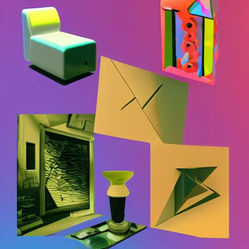 Image similar to a collage of different shapes and sizes of objects, a 3D render by Bedwyr Williams, behance contest winner, crystal cubism, vaporwave, synthwave, y2k aesthetic