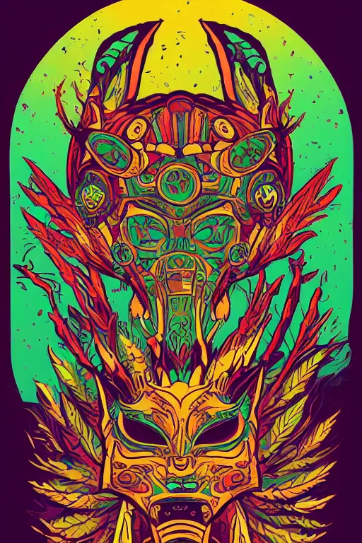 Image similar to animal mask totem roots flower tribal feather gemstone plant wood rock shaman vodoo video game vector cutout illustration vivid multicolor borderlands comics by josan gonzales and dan mumford radiating a glowing aura