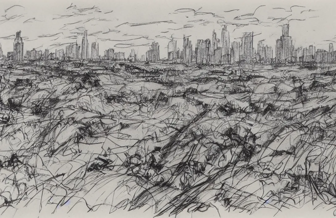 Image similar to milt kahl sketch of world war 1 trenches with the city of miami in the background