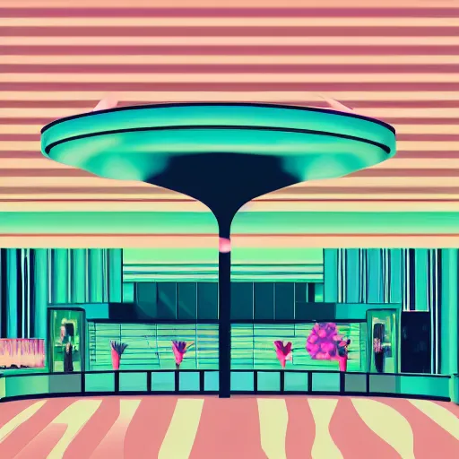 Image similar to art deco vaporwave illustration of a mall atrium in pastel colors