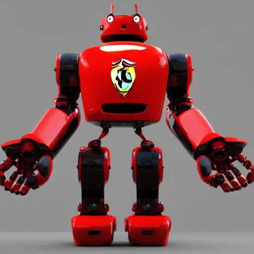 Prompt: a red robot with big tires on it's shoulders, Ferrari logo on it's chest, rounded head with black pointy visor | unreal engine | hd | 3D model