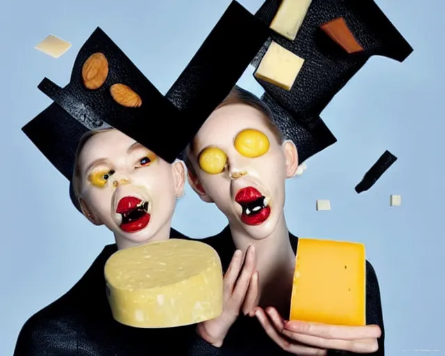 Prompt: incredible strange absurd closeup artwork of androids tasting cheese, finding it very weird but yet tasteful at the same time, weird tasting ritual of cheese products in the style of tim walker fashion photography