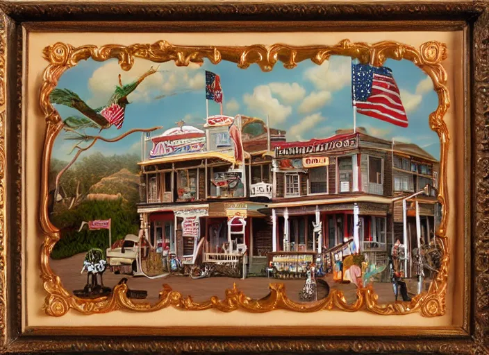 Image similar to americana tourism, lowbrow, matte painting, 3 - d highly detailed, in the style of mark ryden,