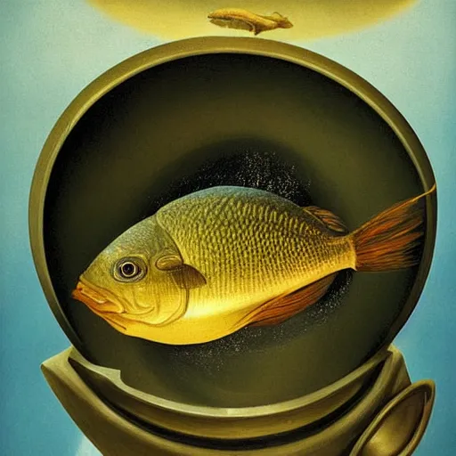 Image similar to a fish on the top of a pile of fish, inside a cooking pot, side view, by vladimir kush, dystopian aer, rococo