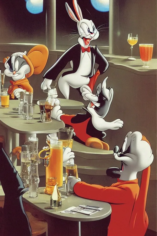 Image similar to Bugs Bunny Drinking Heavily At A Bar, 2001: A Space Odyssey, Roger Deakin’s cinematography, by J. C. Leyendecker and Peter Paul Rubens and Edward Hopper and Michael Sowa