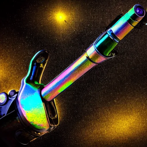 Image similar to unstable exotic matter powered raygun, well defined mechanical features, triadic chrome shading, iridescent liquid energy tank, dark background, softglow, sharp focus, full device, vintage style, charcoal and champagne