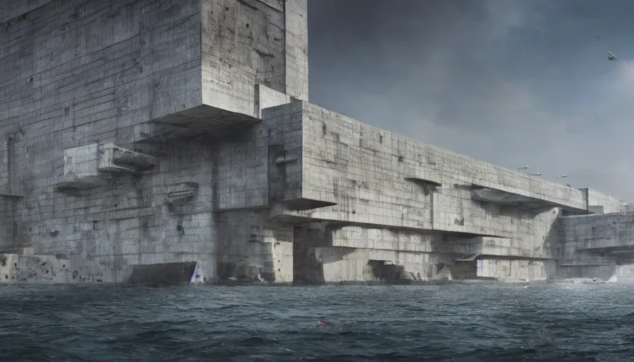 Image similar to big brutalist imperial military base on cliffs, drawing architecture, very long shot, top angle, imperial architecture in rogue one, pritzker architecture prize, brutalism, jan urschel